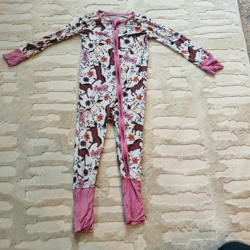 Little One Shop 18-24 footless or footie Pajamas in Pink and Brown Horse Print.